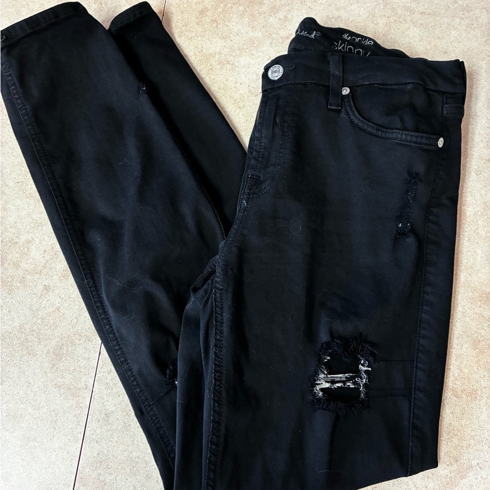 7 For All Mankind Black Distressed Mid Rise Skinny Jeans